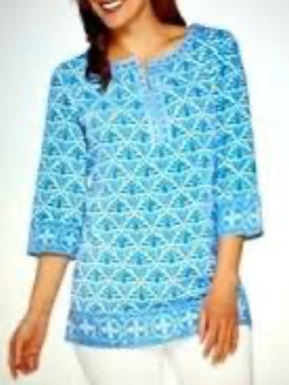 C Wonder Women’s Silk Cotton Turquoise Blue Patterned Tunic Top Size M
